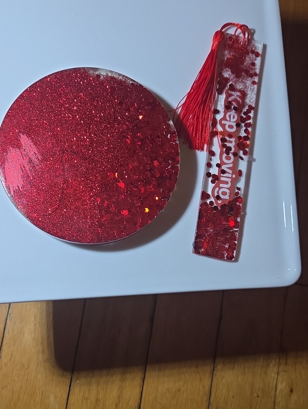 ❤️Handmade-Red Glitter Coaster and Tassel Bookmark Set -